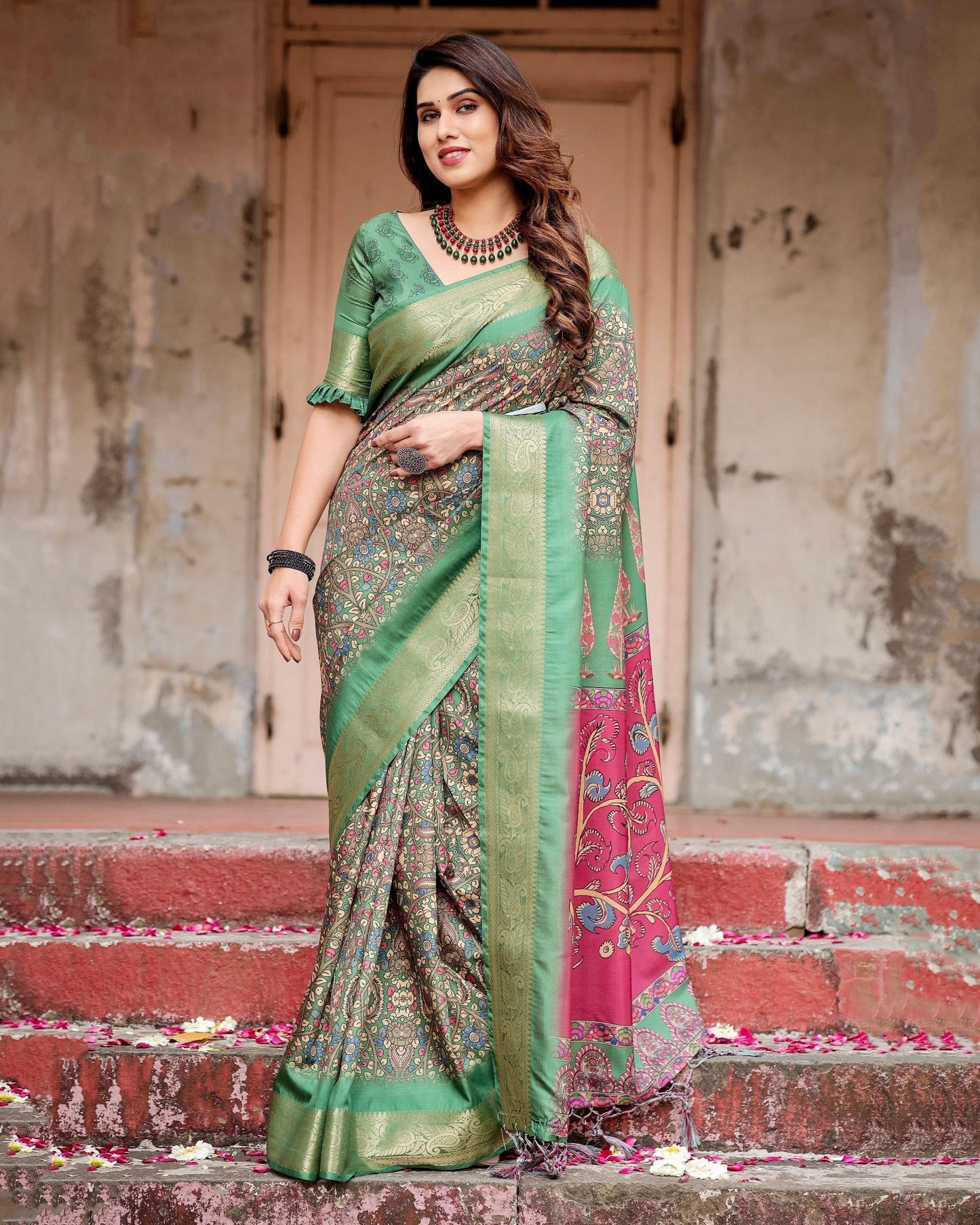 Green & Multi Floral Printed Cotton Silk Saree