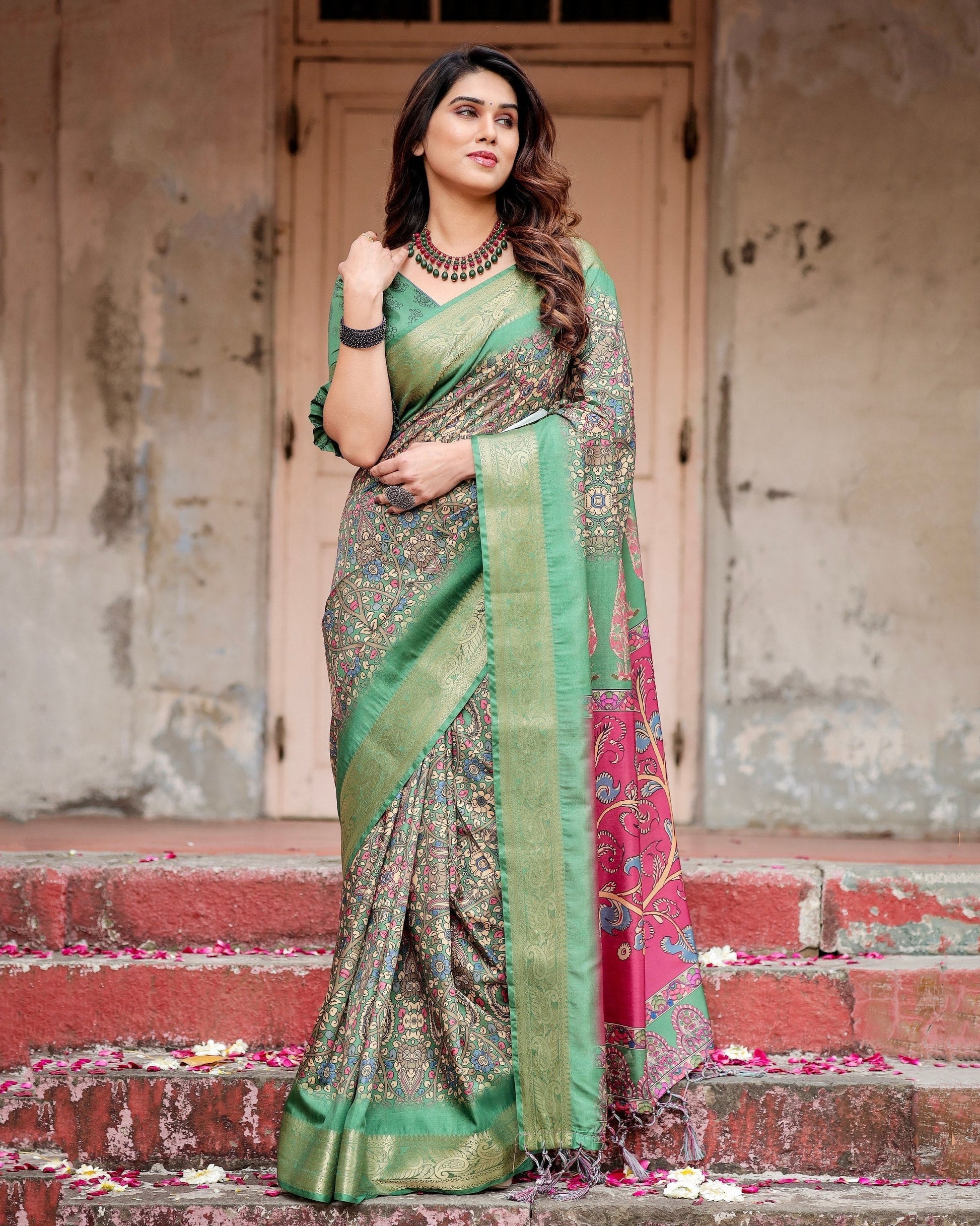 Green & Multi Floral Printed Cotton Silk Saree