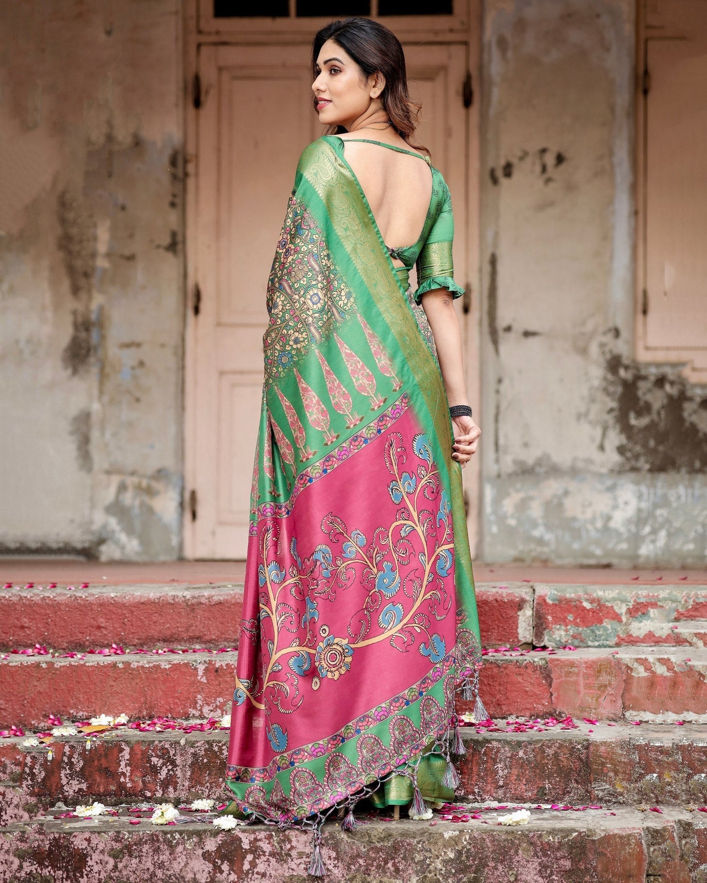 Green & Multi Floral Printed Cotton Silk Saree