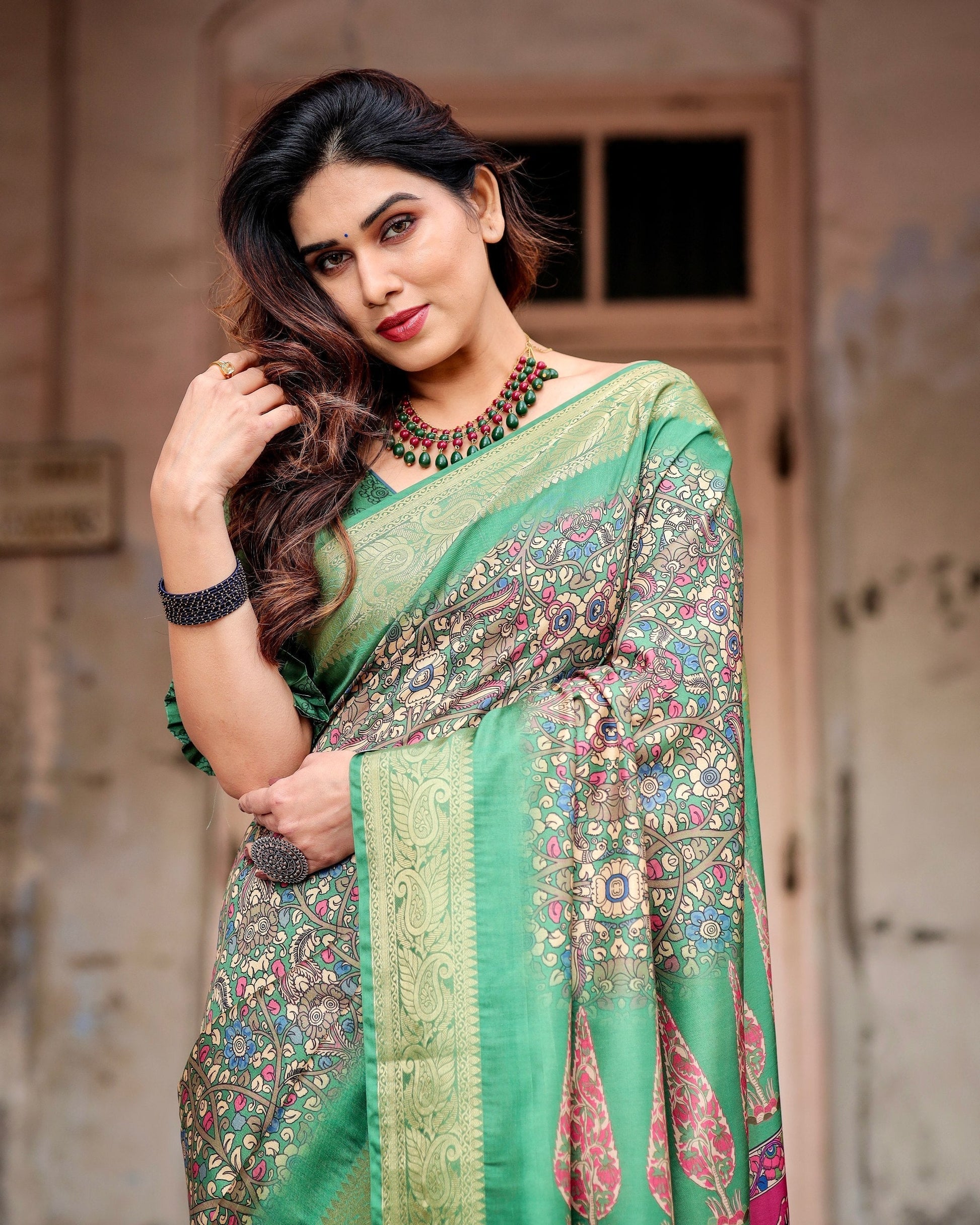 Green & Multi Floral Printed Cotton Silk Saree
