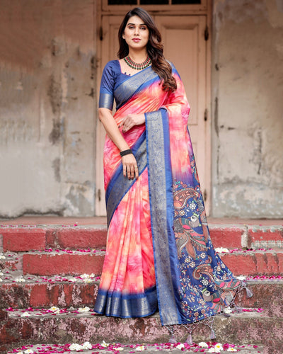 Dark Blue & Pink Floral Printed Cotton Silk Saree