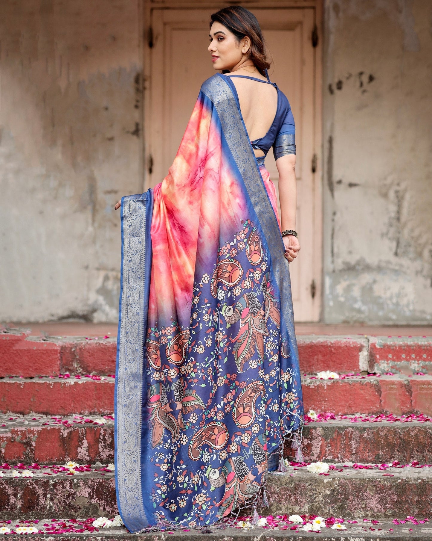 Dark Blue & Pink Floral Printed Cotton Silk Saree
