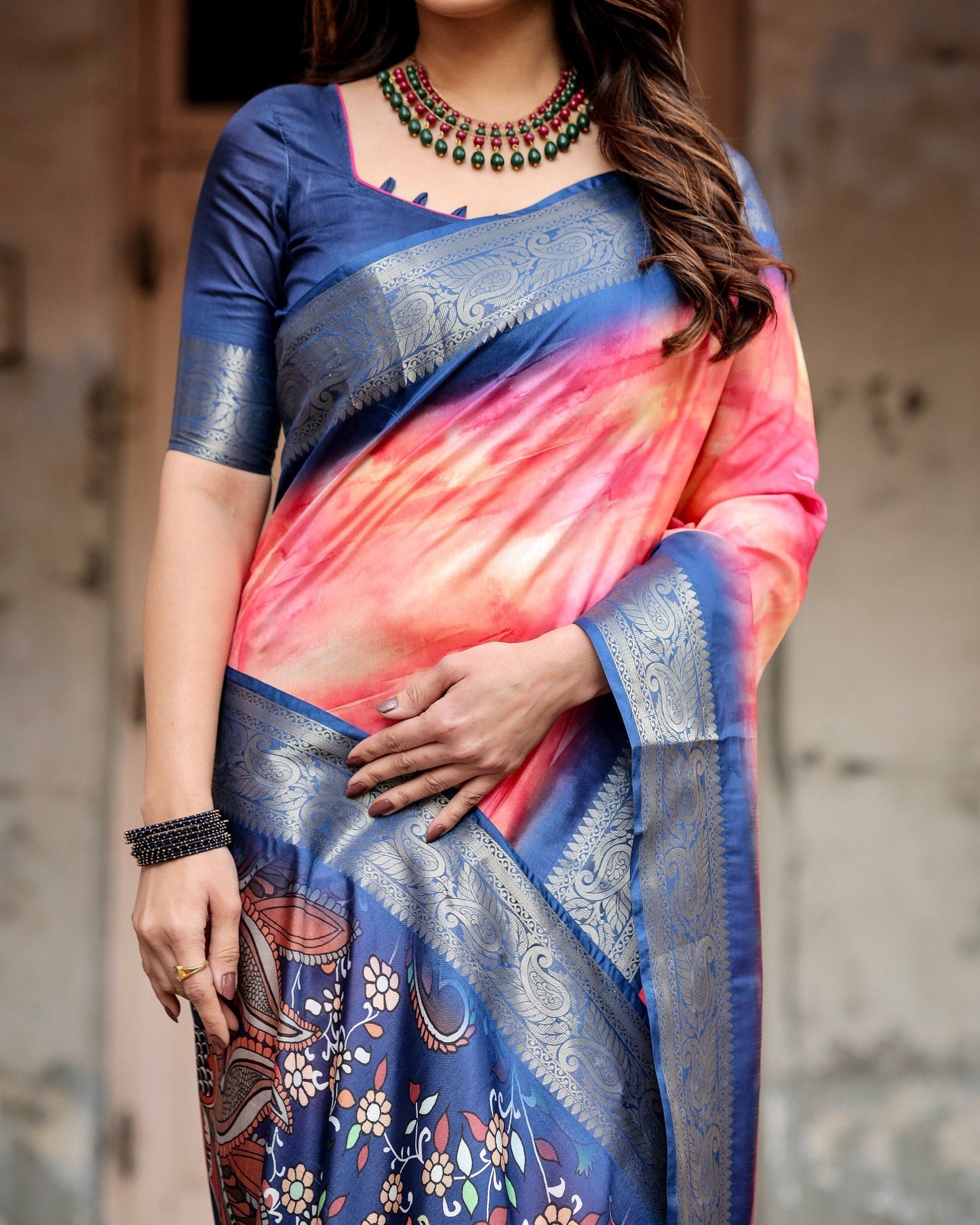Dark Blue & Pink Floral Printed Cotton Silk Saree