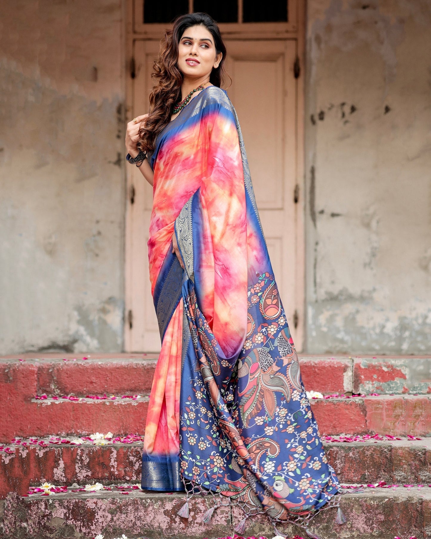 Dark Blue & Pink Floral Printed Cotton Silk Saree