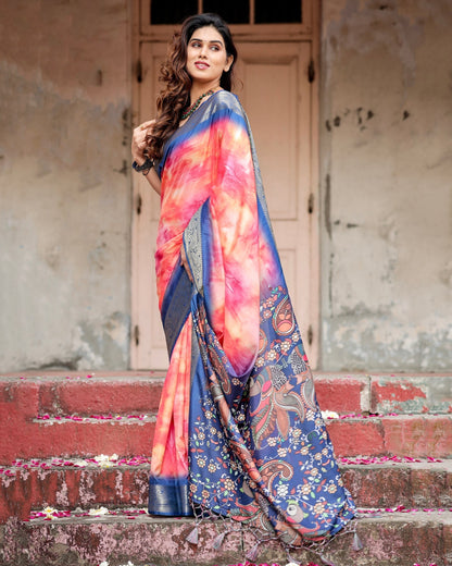 Dark Blue & Pink Floral Printed Cotton Silk Saree