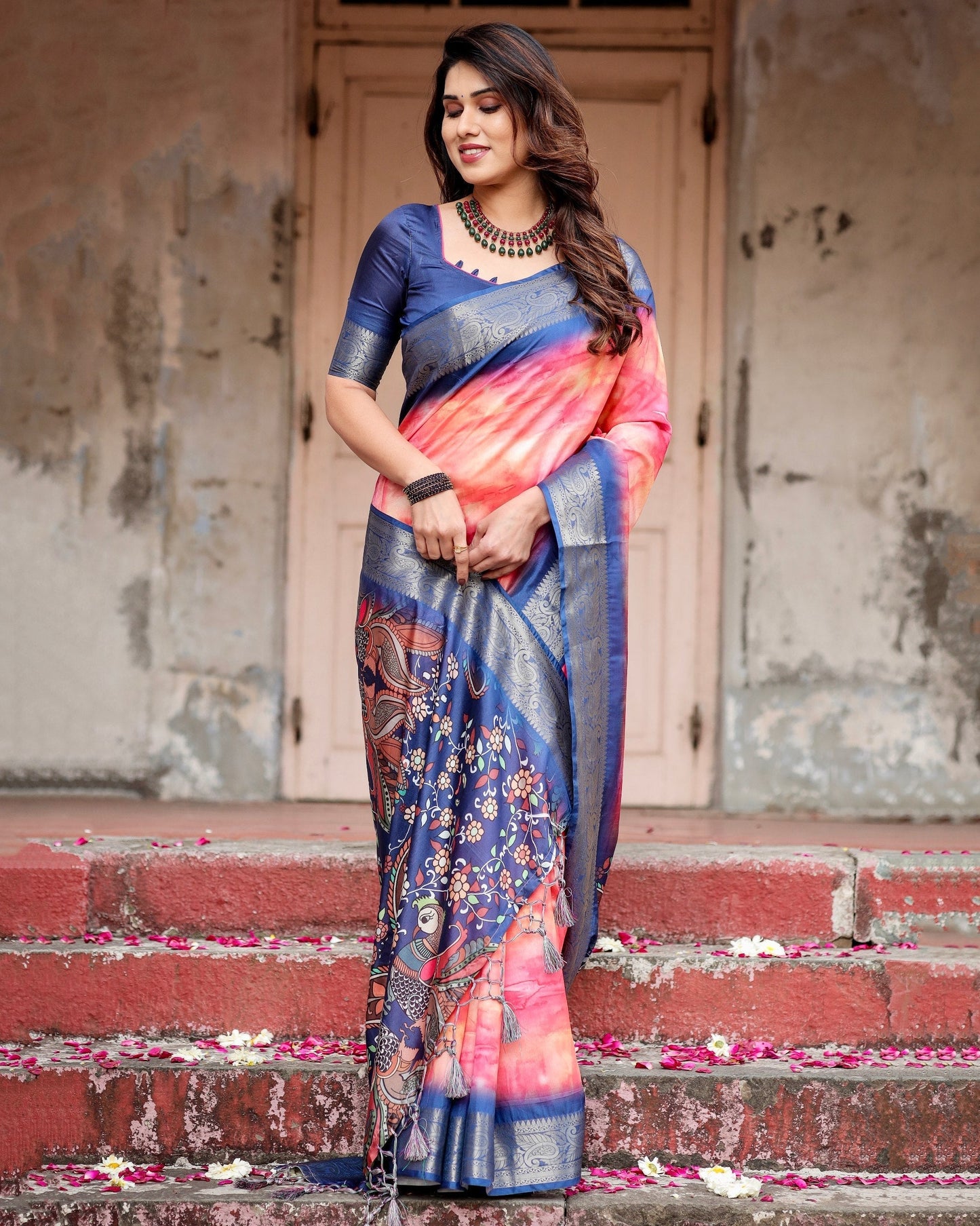 Dark Blue & Pink Floral Printed Cotton Silk Saree