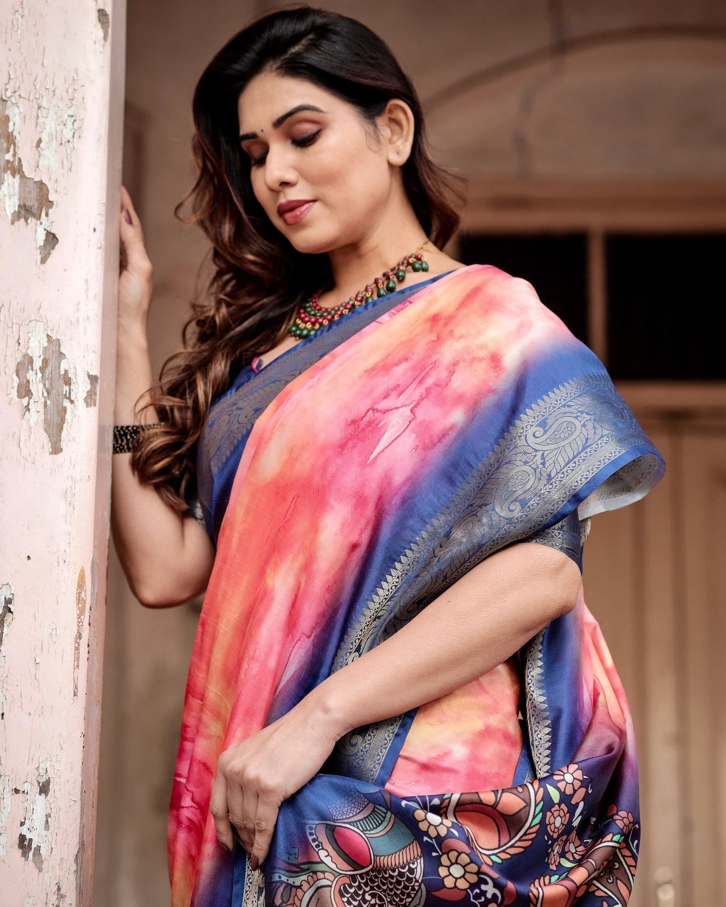 Dark Blue & Pink Floral Printed Cotton Silk Saree