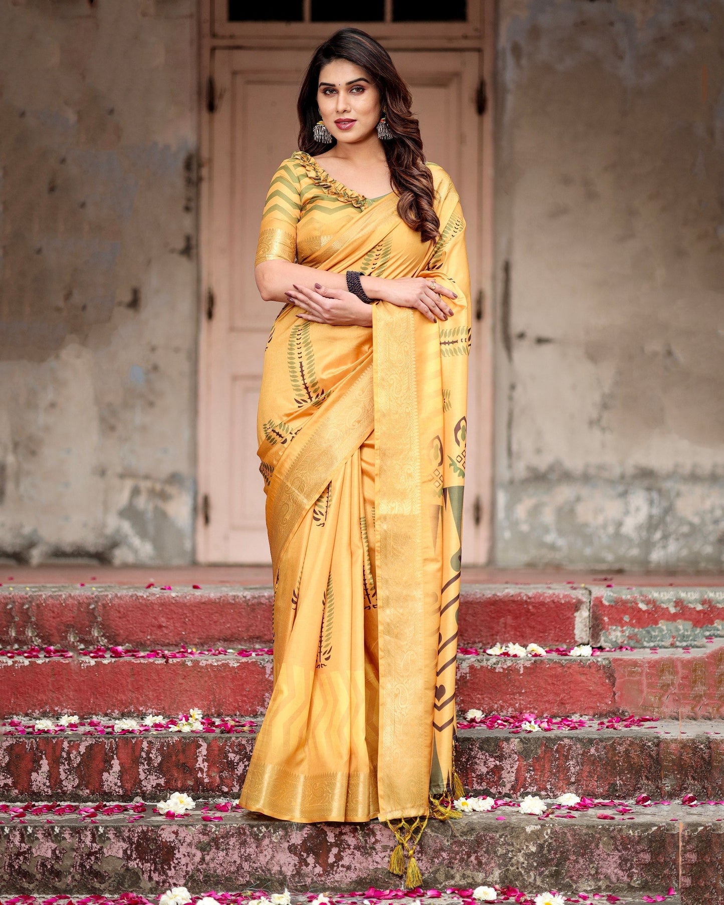 Light Yellow Floral Printed Cotton Silk Saree