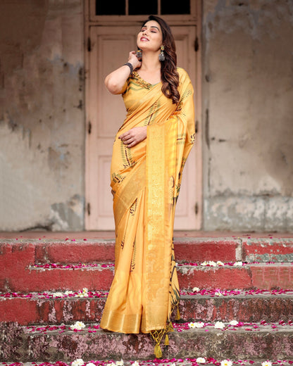 Light Yellow Floral Printed Cotton Silk Saree