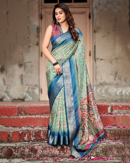 Light Green & Blue Floral Printed Cotton Silk Saree