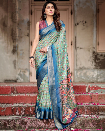 Light Green & Blue Floral Printed Cotton Silk Saree