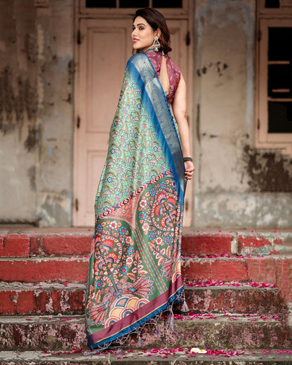 Light Green & Blue Floral Printed Cotton Silk Saree