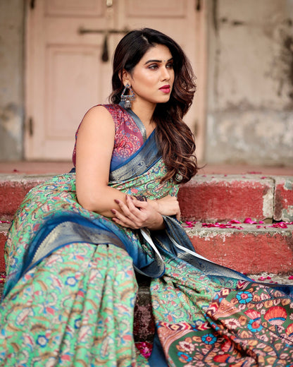 Light Green & Blue Floral Printed Cotton Silk Saree
