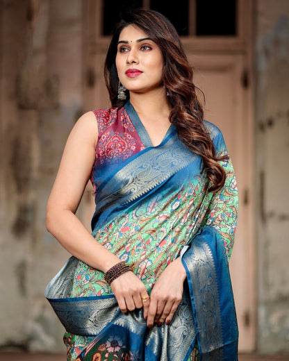 Light Green & Blue Floral Printed Cotton Silk Saree