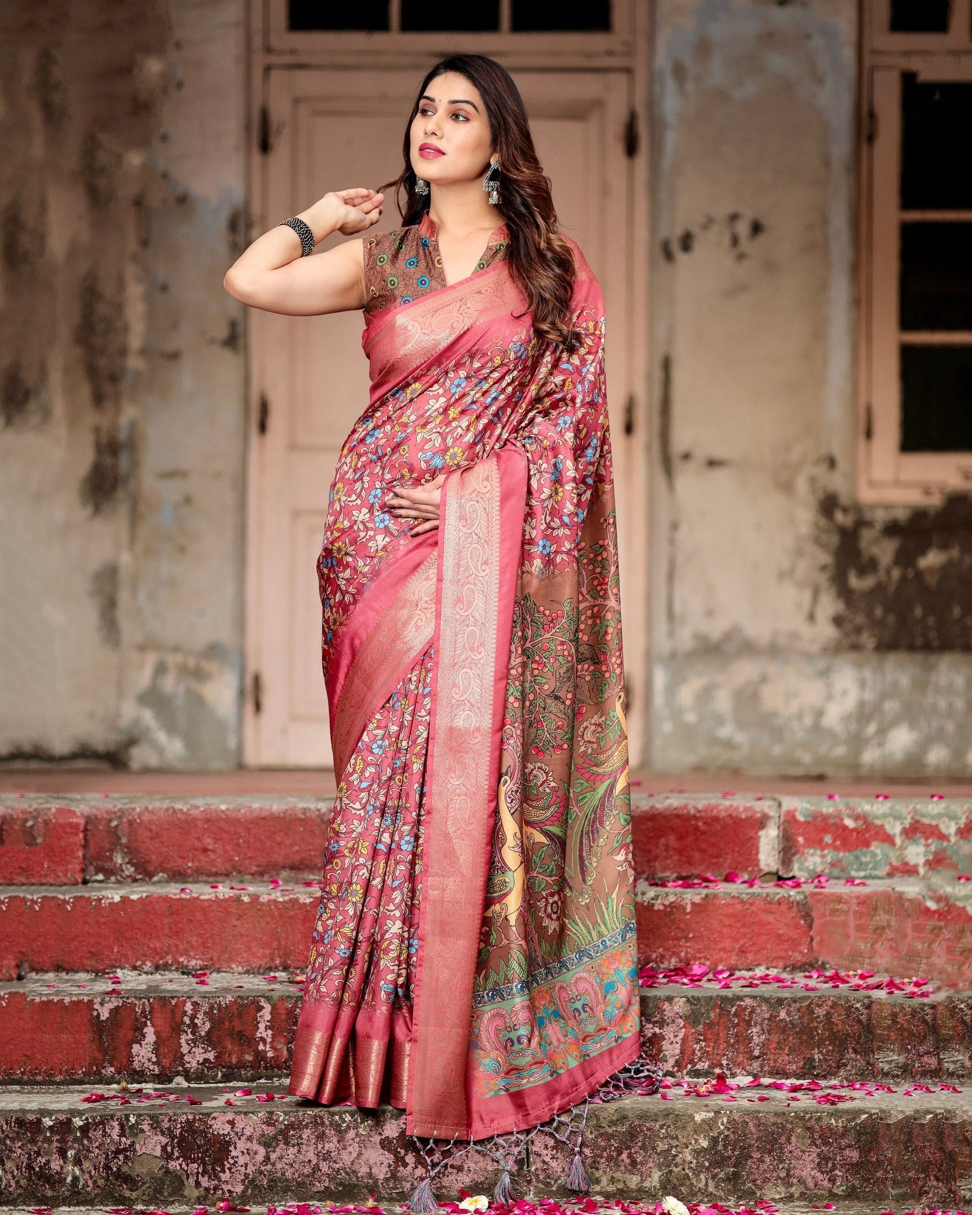 Dark Pink & Brown Floral Printed Cotton Silk Saree