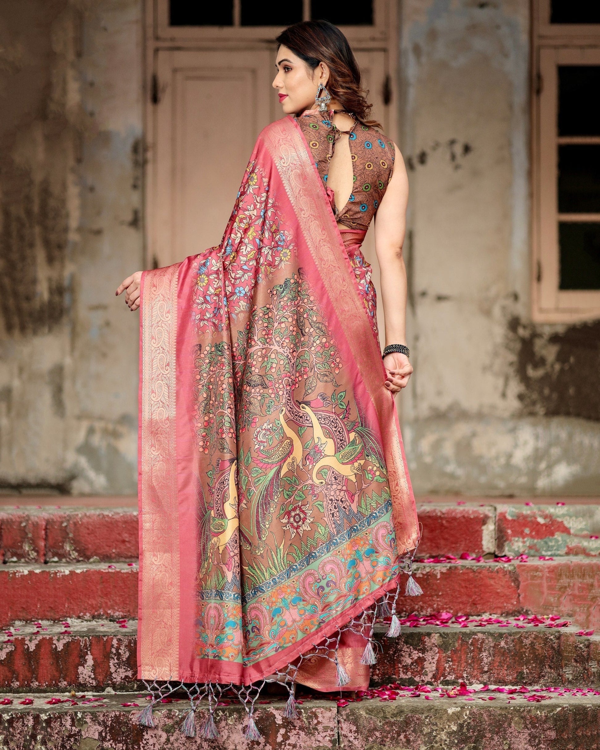 Dark Pink & Brown Floral Printed Cotton Silk Saree