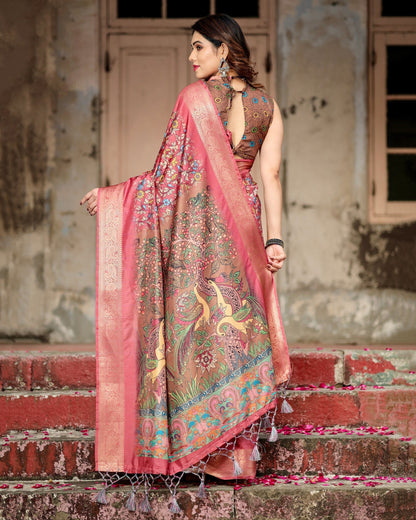 Dark Pink & Brown Floral Printed Cotton Silk Saree