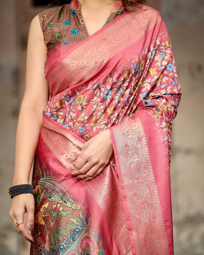 Dark Pink & Brown Floral Printed Cotton Silk Saree