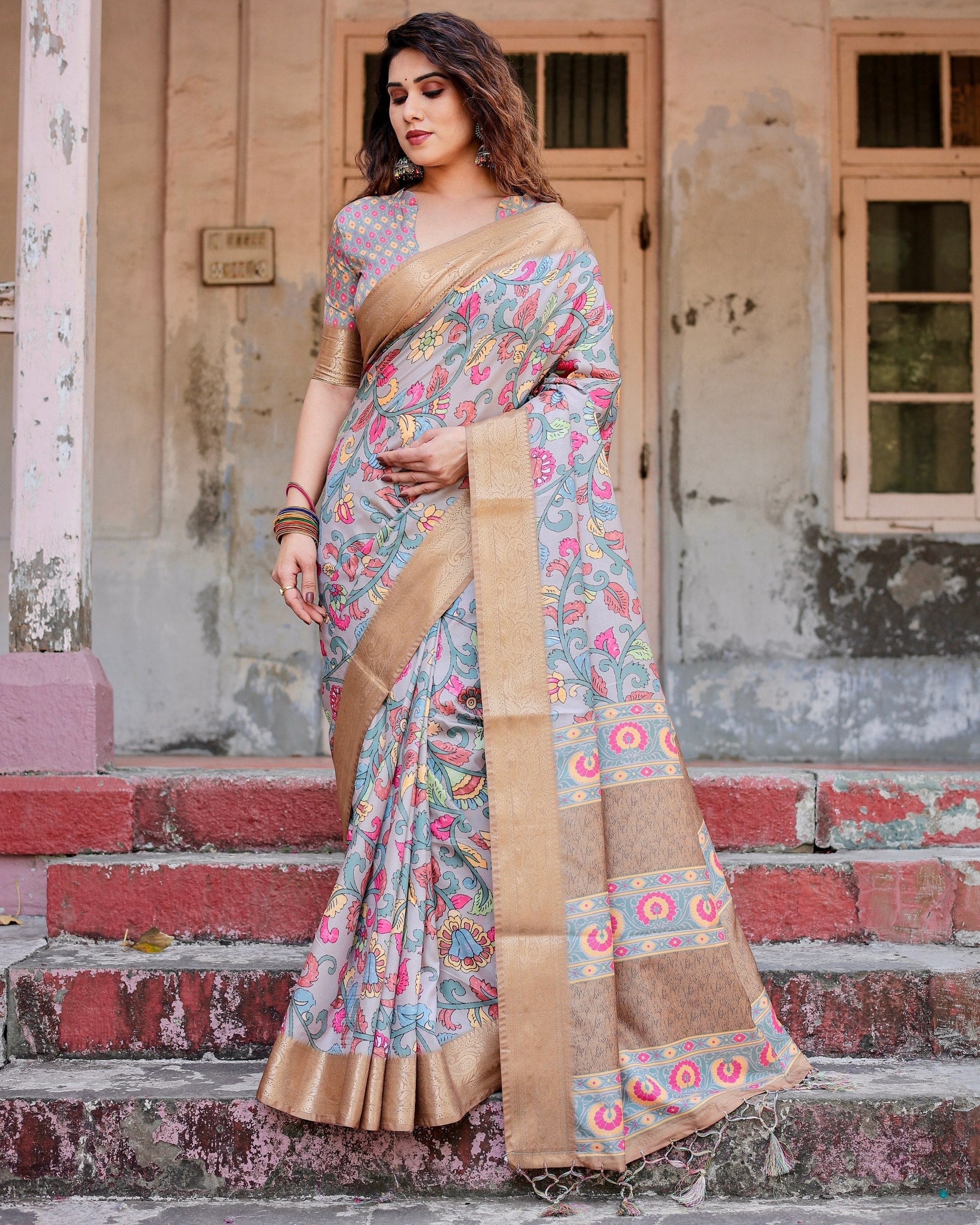 Dark Grey & Cream Floral Printed Cotton Silk Saree