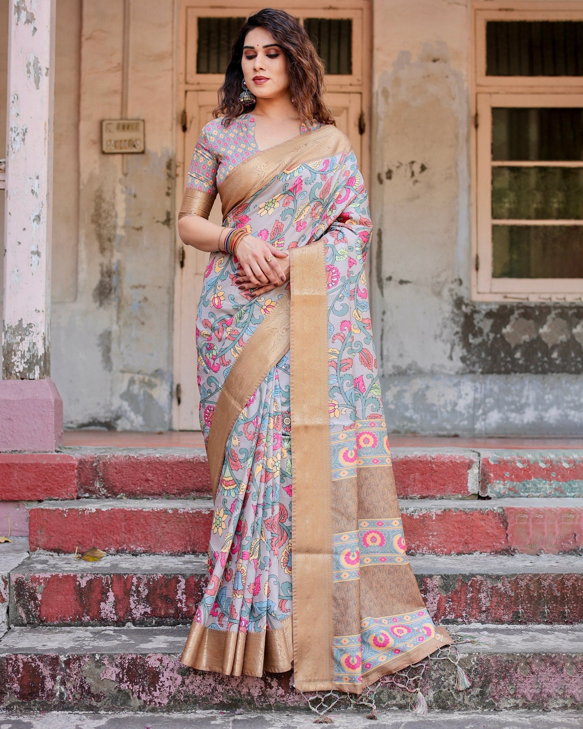Dark Grey & Cream Floral Printed Cotton Silk Saree