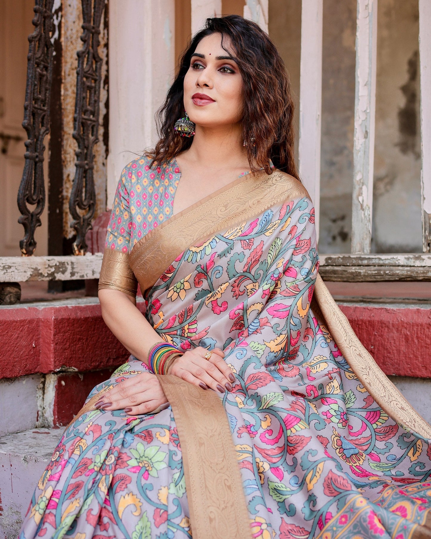 Dark Grey & Cream Floral Printed Cotton Silk Saree