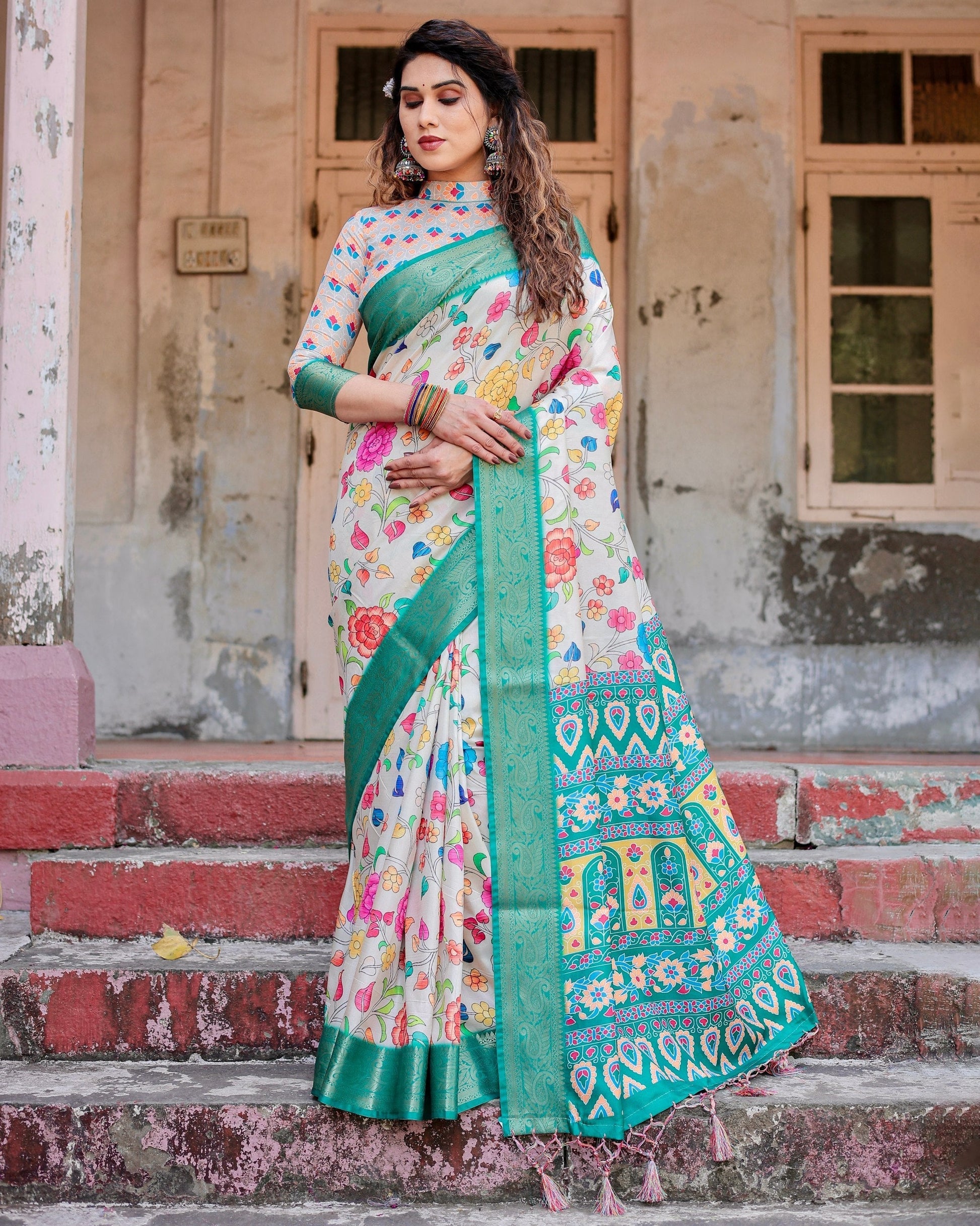 Tiffany Blue & Off White Floral Printed Cotton Silk Saree