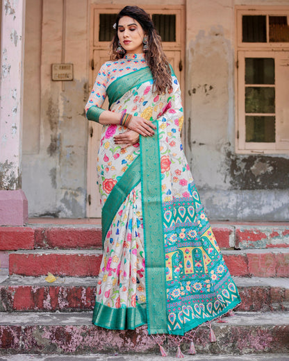 Tiffany Blue & Off White Floral Printed Cotton Silk Saree