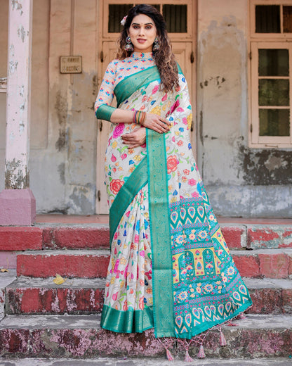 Tiffany Blue & Off White Floral Printed Cotton Silk Saree