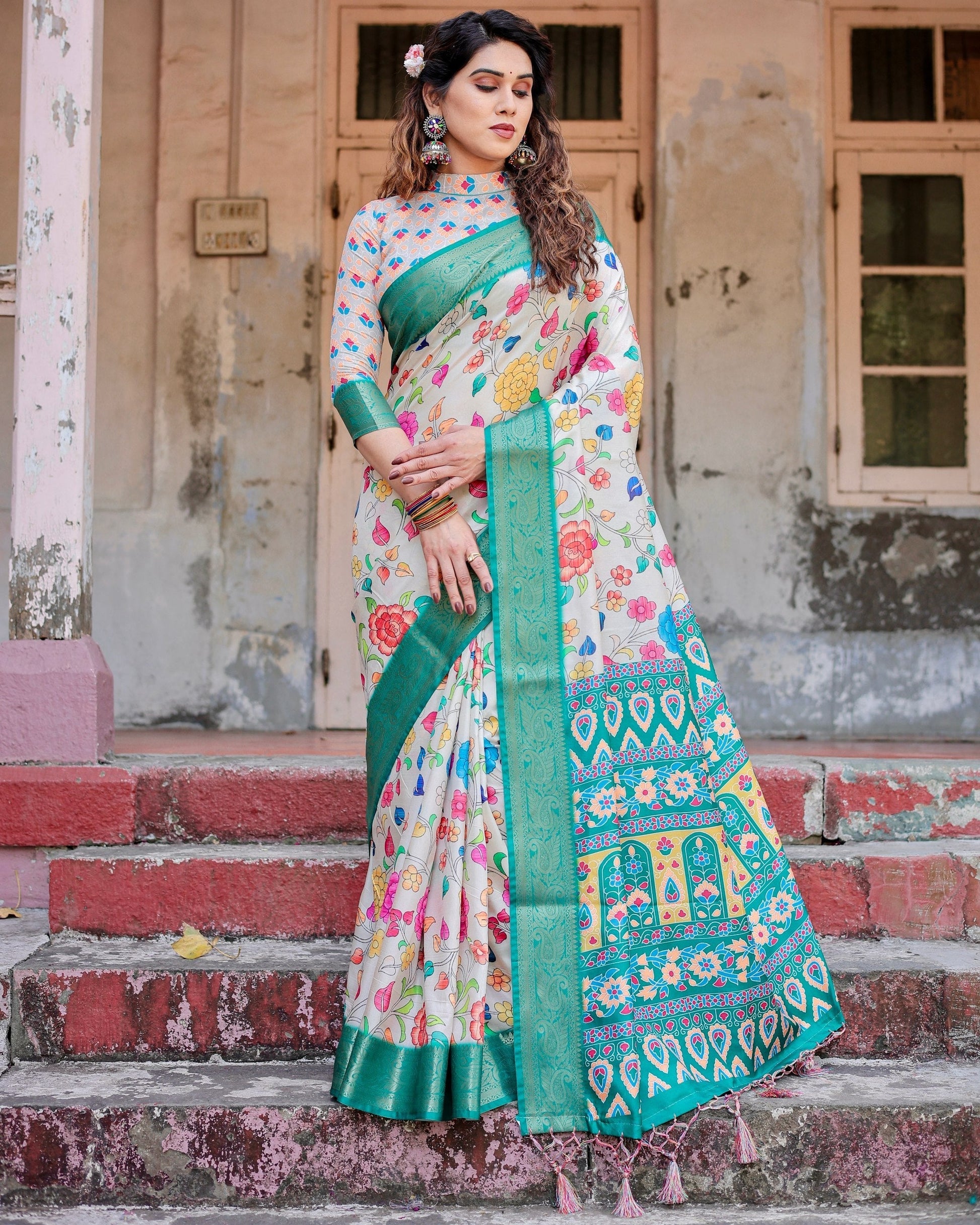 Tiffany Blue & Off White Floral Printed Cotton Silk Saree