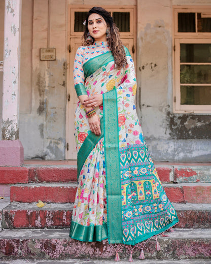 Tiffany Blue & Off White Floral Printed Cotton Silk Saree