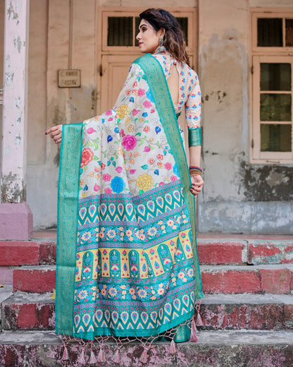 Tiffany Blue & Off White Floral Printed Cotton Silk Saree