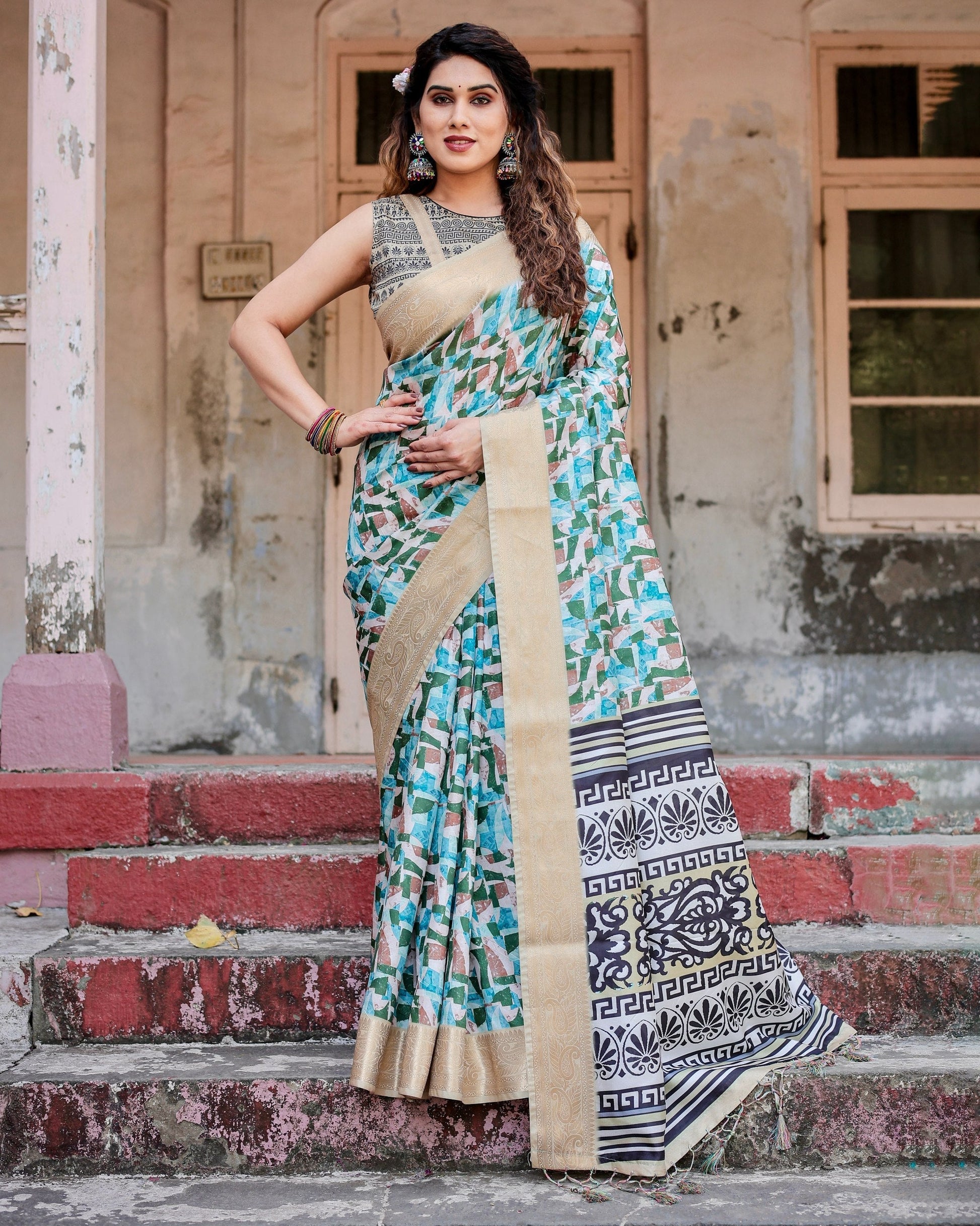 Light Blue & Green Floral Printed Cotton Silk Saree