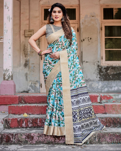 Light Blue & Green Floral Printed Cotton Silk Saree