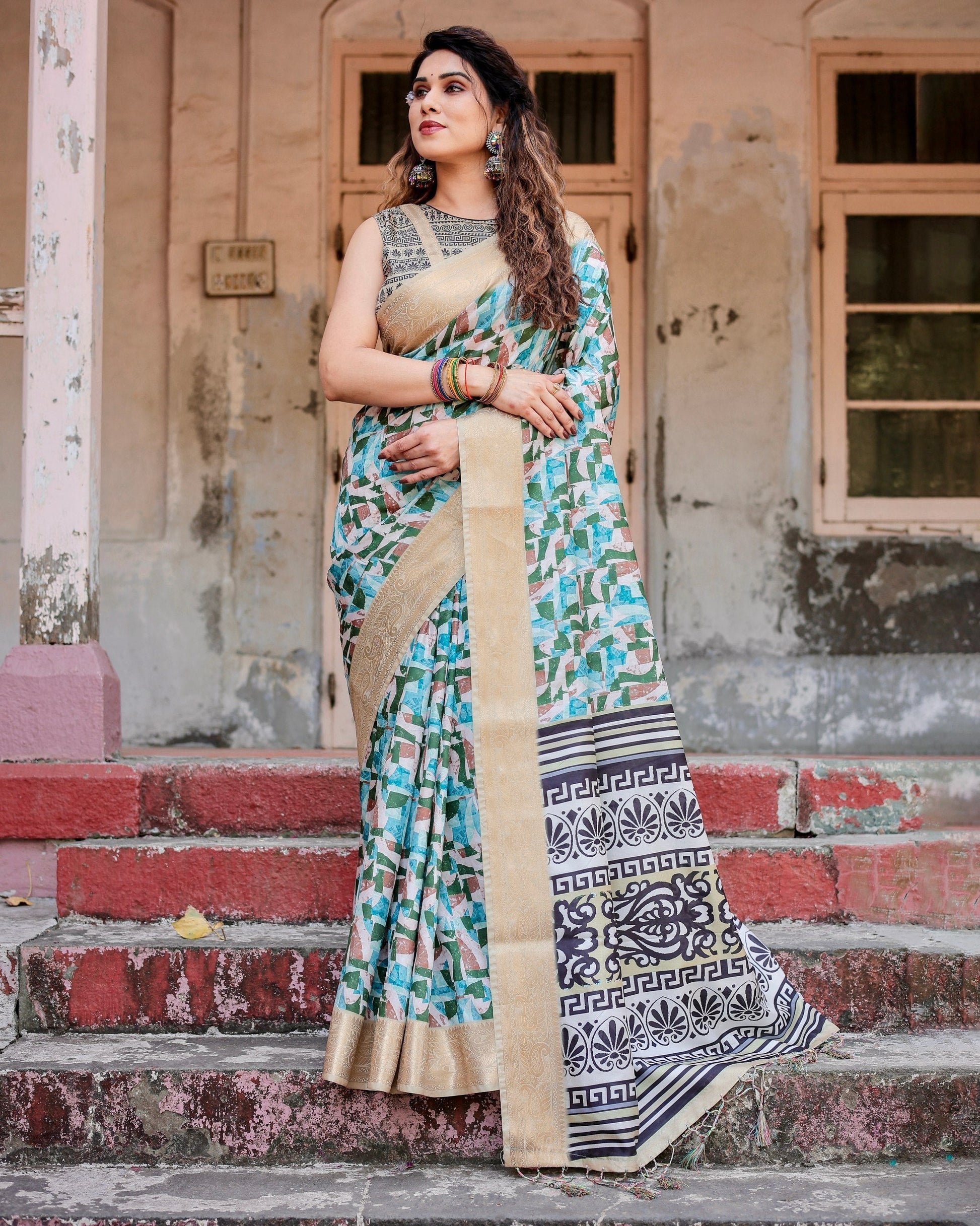 Light Blue & Green Floral Printed Cotton Silk Saree