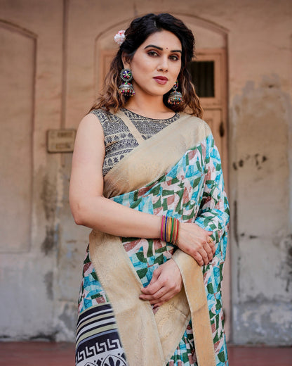 Light Blue & Green Floral Printed Cotton Silk Saree