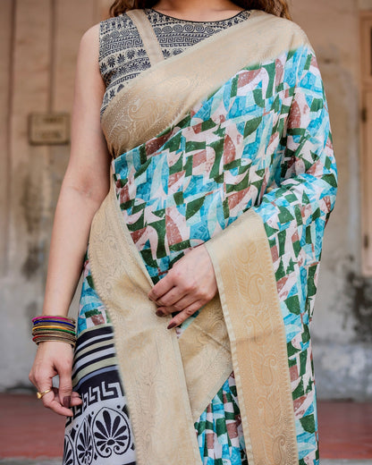Light Blue & Green Floral Printed Cotton Silk Saree