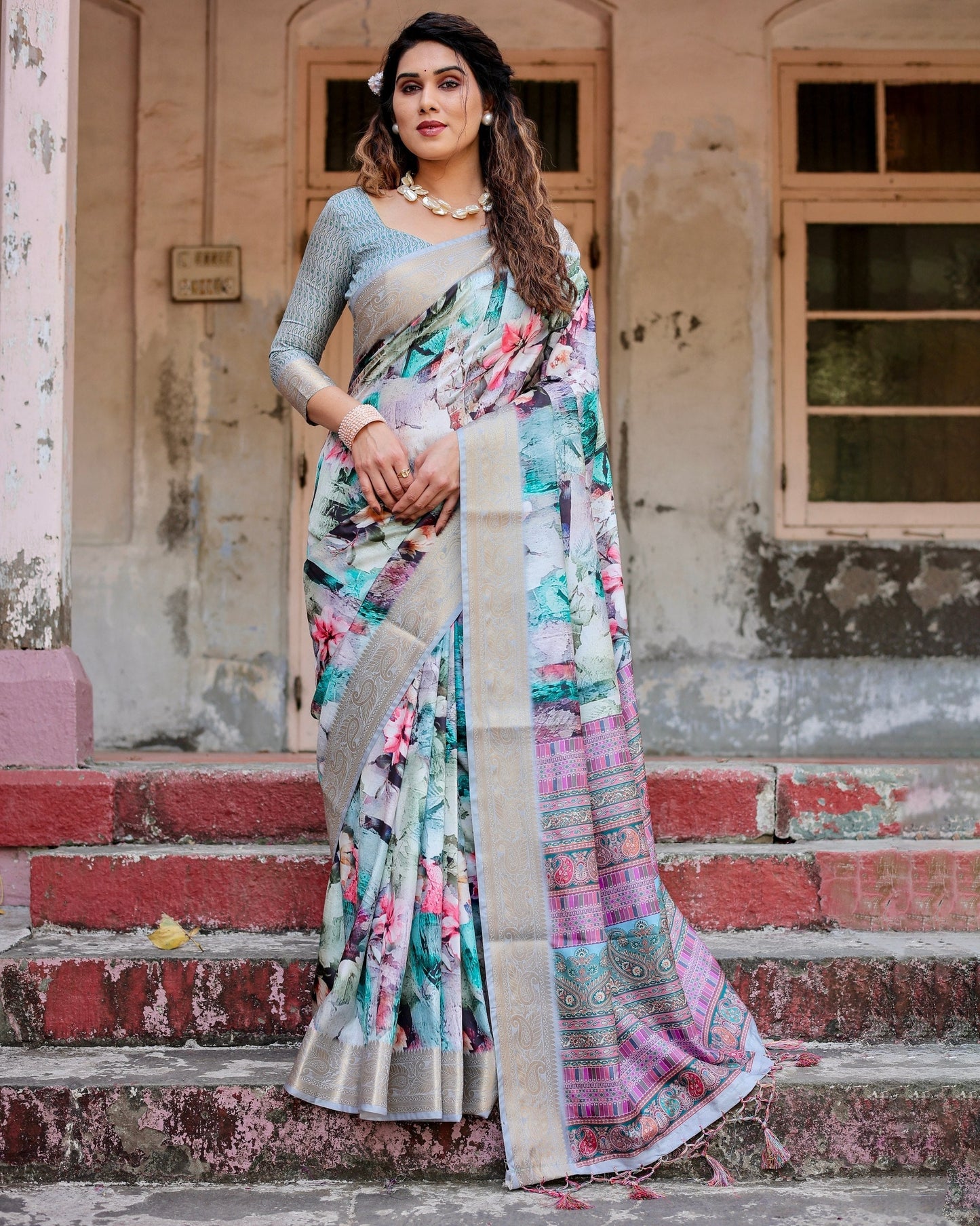 Multi Colour Floral Printed Cotton Silk Saree