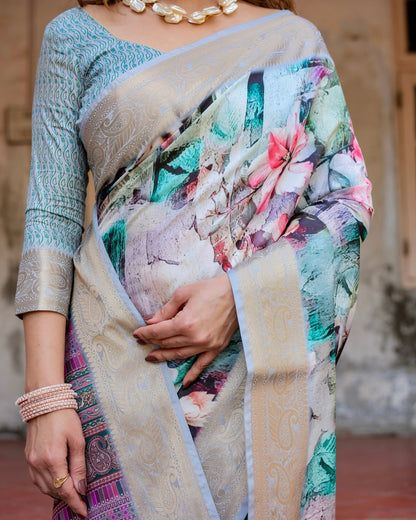 Multi Colour Floral Printed Cotton Silk Saree