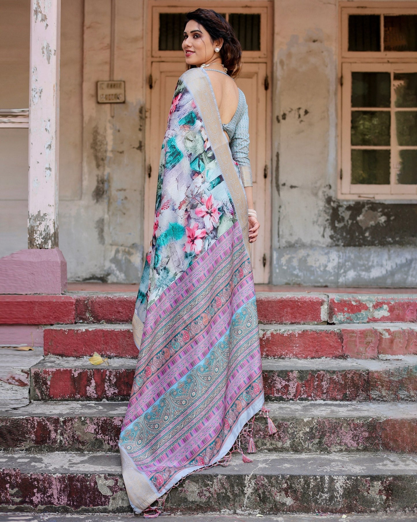 Multi Colour Floral Printed Cotton Silk Saree