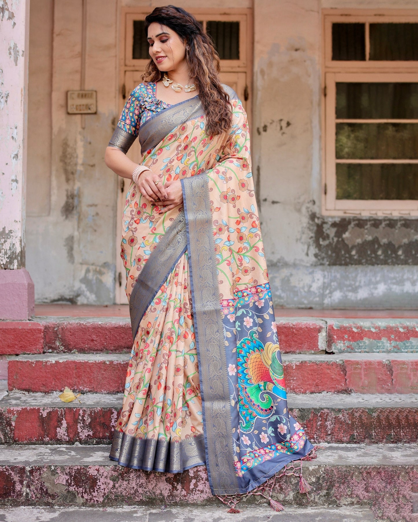 Light Peach Floral Printed Cotton Silk Saree