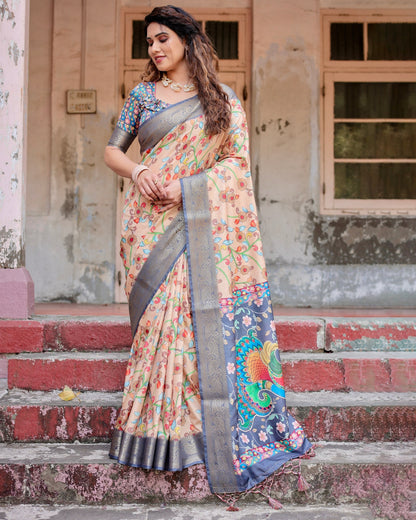 Light Peach Floral Printed Cotton Silk Saree