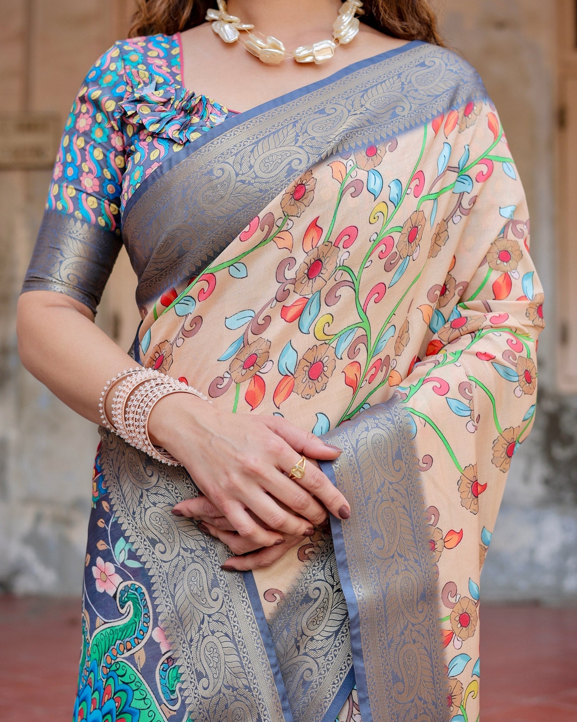 Light Peach Floral Printed Cotton Silk Saree