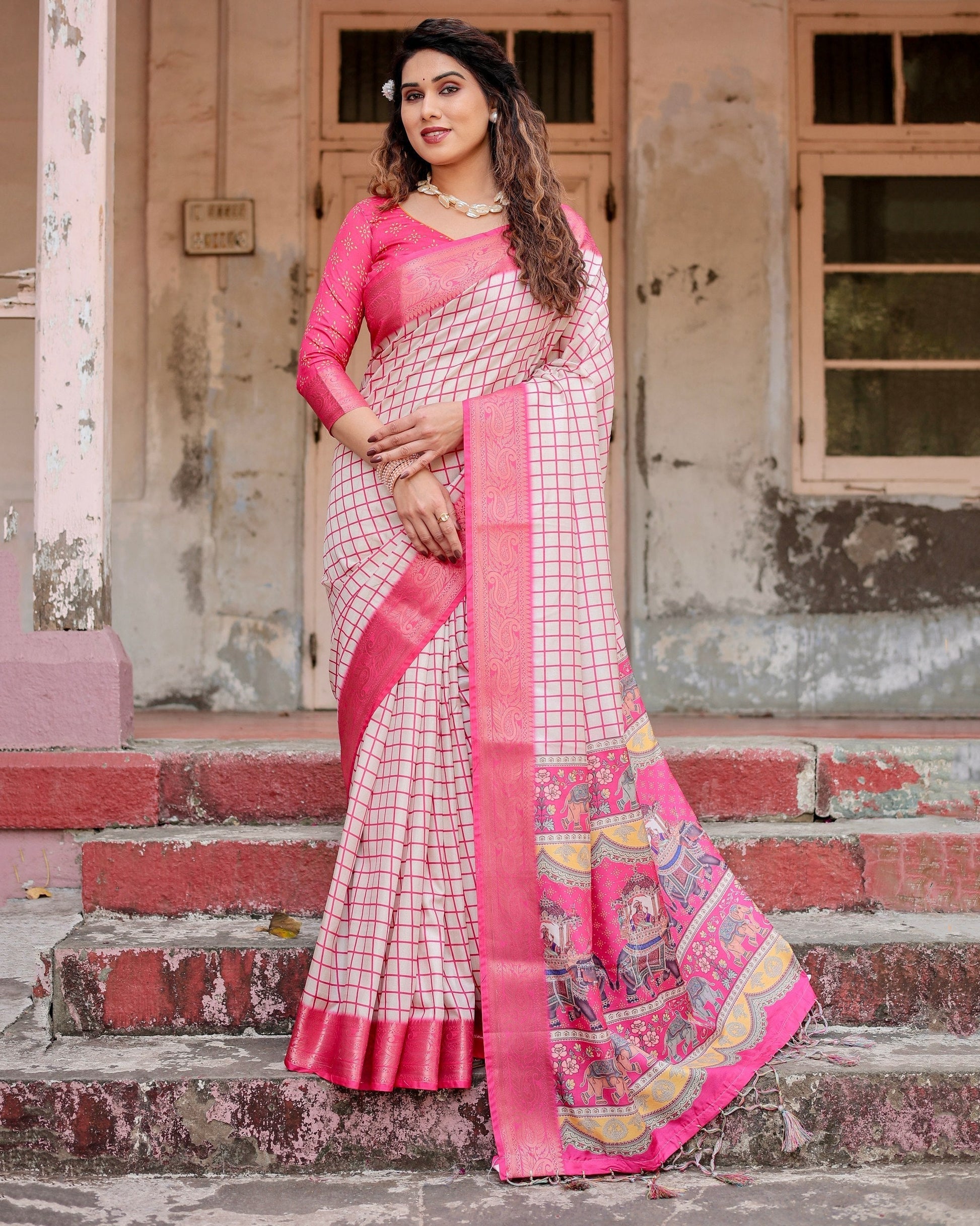 Pink & Off White Floral Printed Cotton Silk Saree