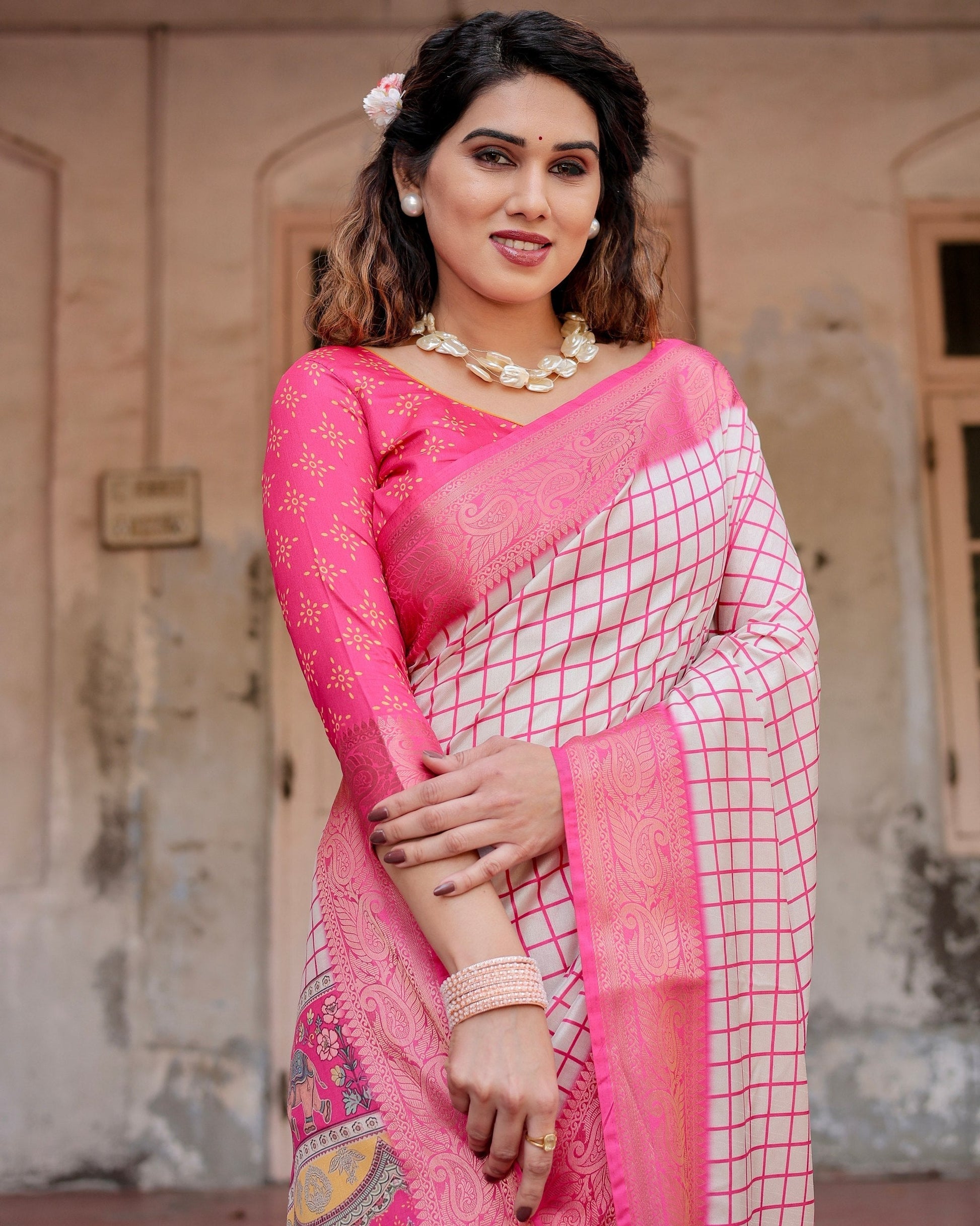 Pink & Off White Floral Printed Cotton Silk Saree