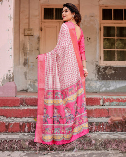 Pink & Off White Floral Printed Cotton Silk Saree