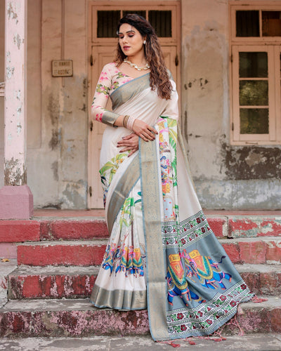 Cream & Multi Colour Floral Printed Cotton Silk Saree