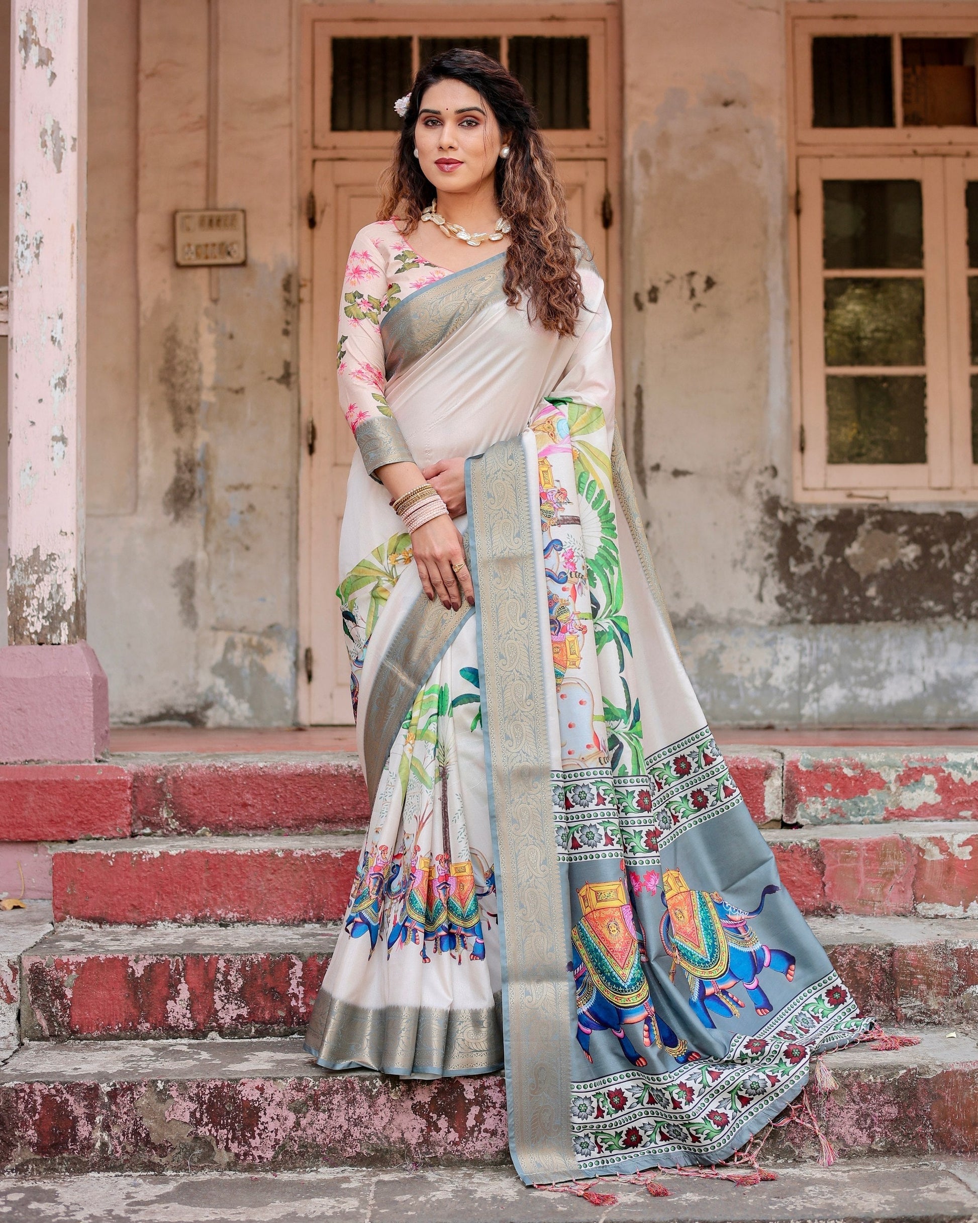 Cream & Multi Colour Floral Printed Cotton Silk Saree