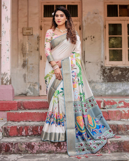 Cream & Multi Colour Floral Printed Cotton Silk Saree