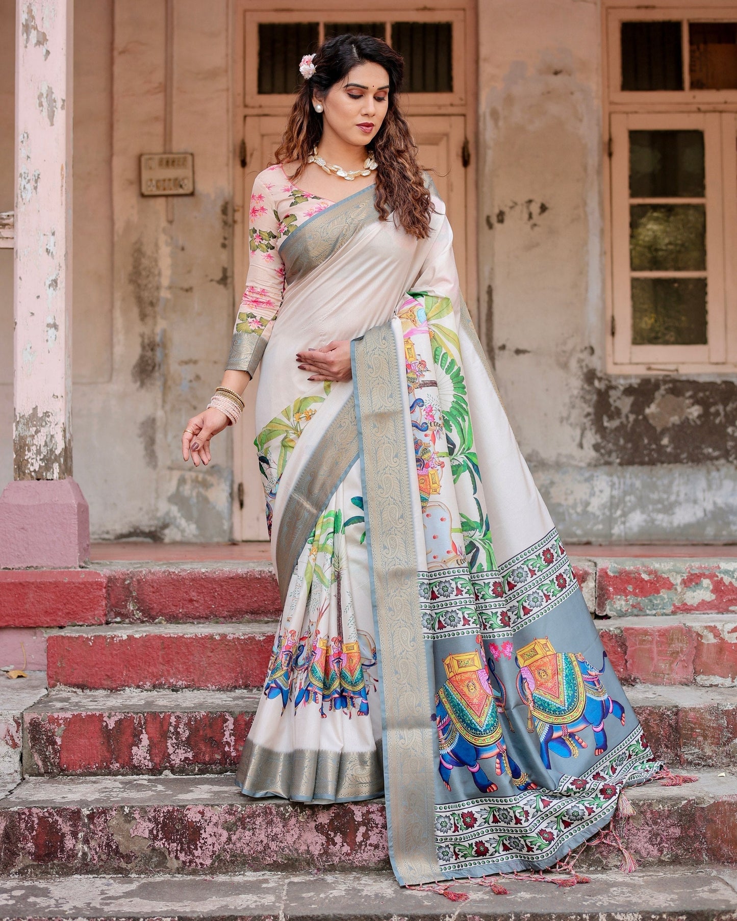 Cream & Multi Colour Floral Printed Cotton Silk Saree