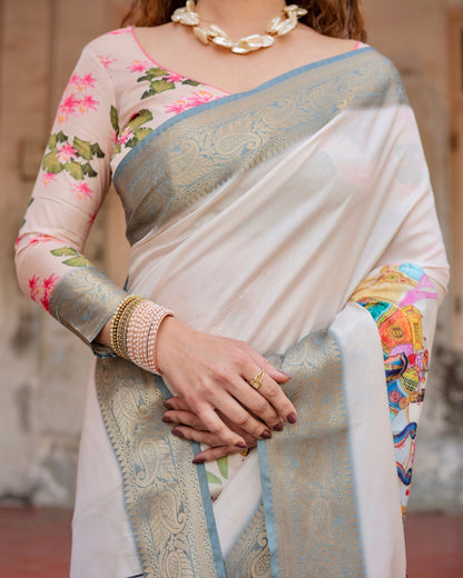 Cream & Multi Colour Floral Printed Cotton Silk Saree